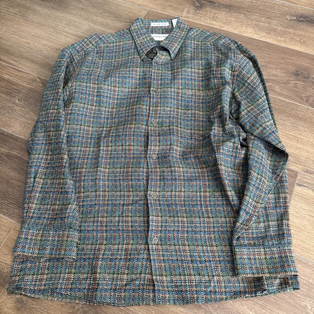 JHANE BARNES MENS Medium  CASUAL SHIRT GREEN WOVEN GEOMETRIC STRIPE STYLISH RARE